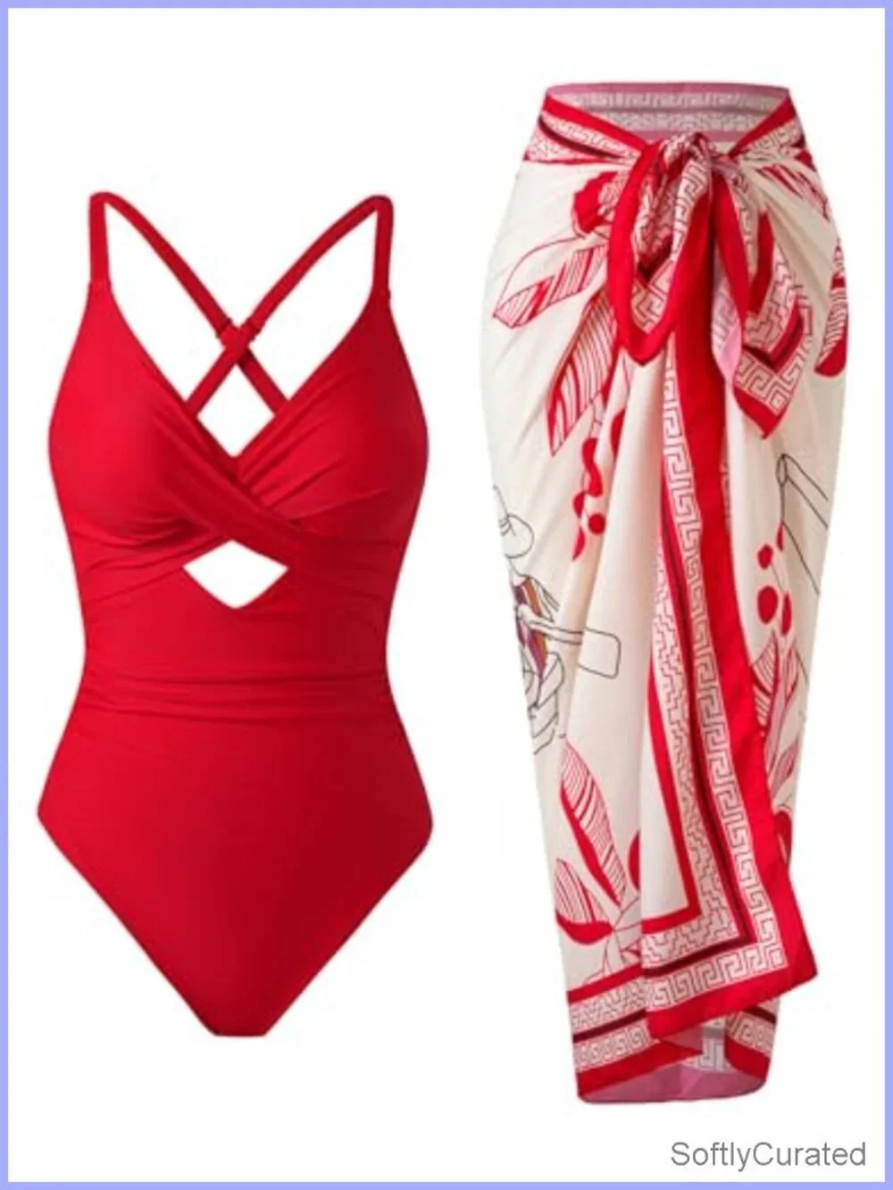 One Piece Swimsuit Wrap Skirt Set Tummy Control V-Neck Adjustable Straps Beach